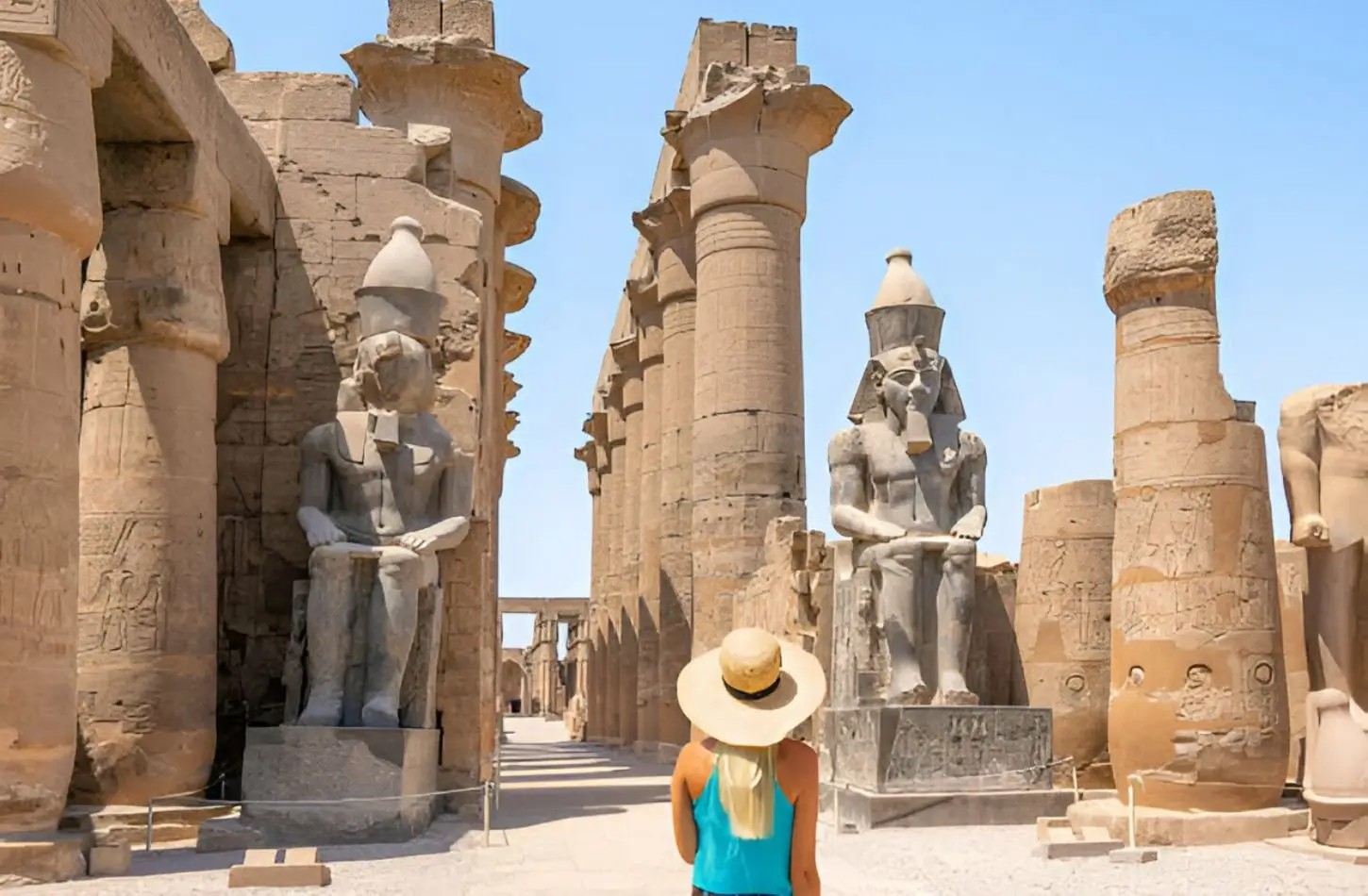 Slunečný denní pohled na cestovatele, který prozkoumává obrovské kamenné sloupy a sochy uvnitř chrámu Luxor.